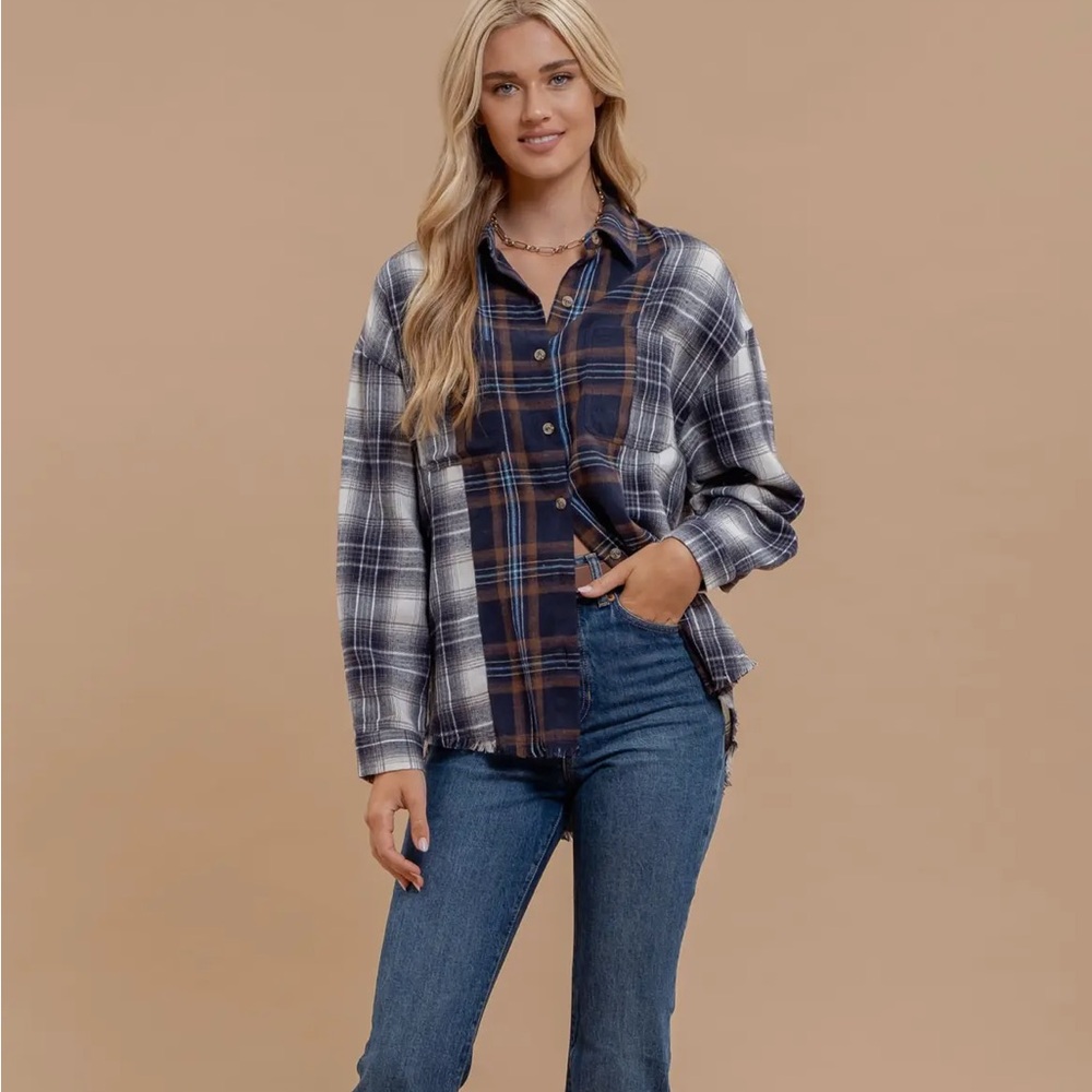 Blu Pepper Plaid Patchwork Button Down Long Sleev… - image 4